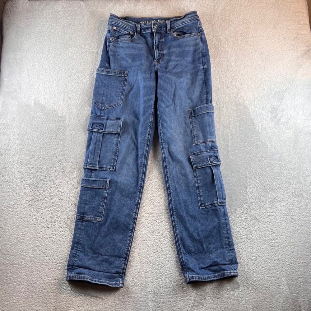 American Eagle Super High-Rise Baggy Straight Cargo Jeans Womens 6 Blue